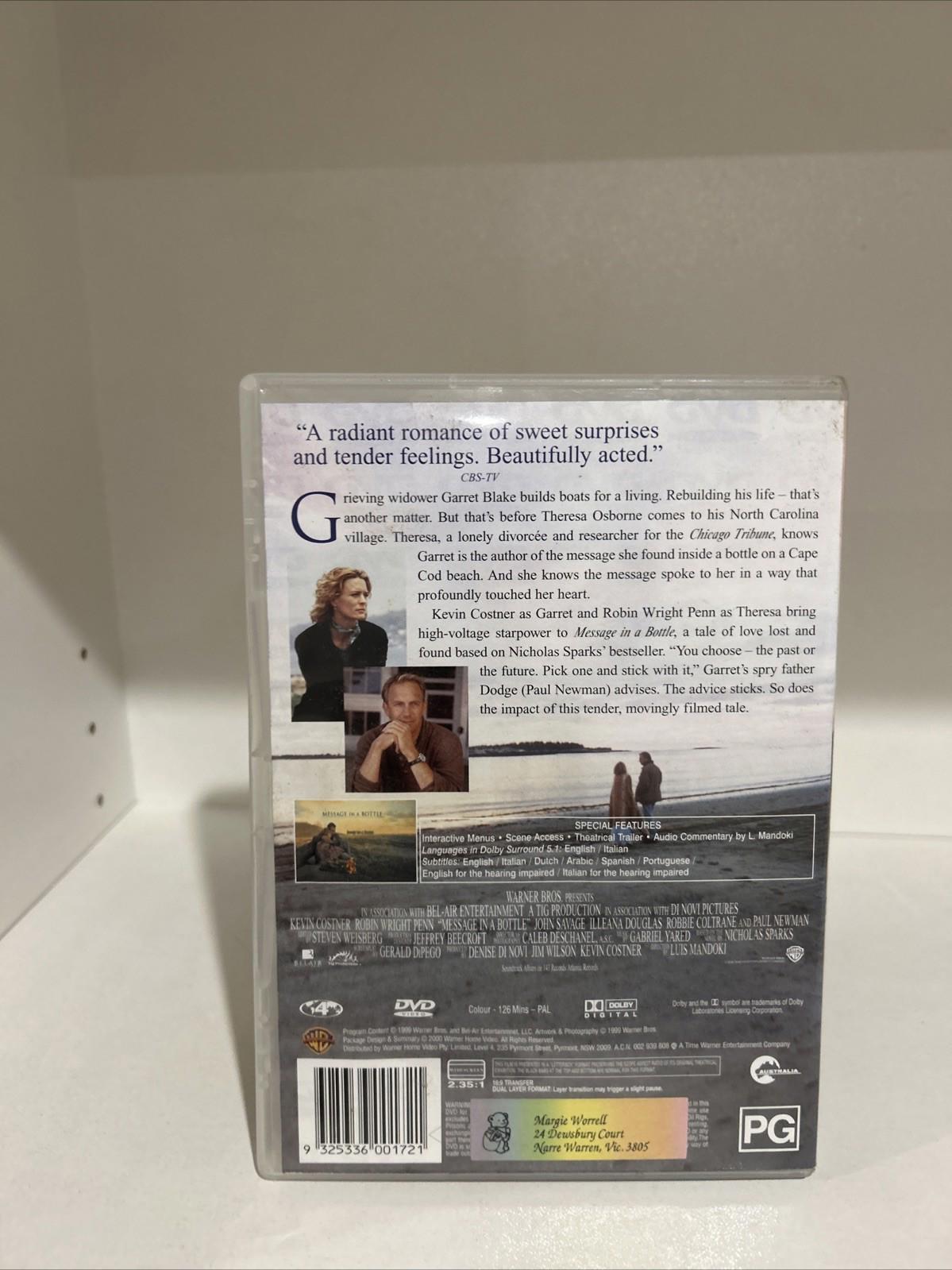 Message In A Bottle (DVD, 1999) Very Good Condition Region 4